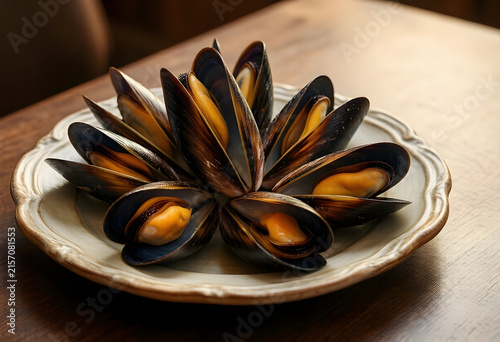 Steamed mussels arranged on...