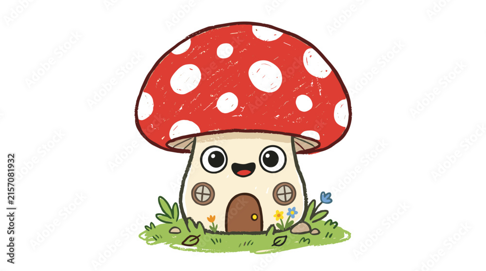 Fototapeta premium Cute mushroom house vector illustration for kids design isolated on white background style