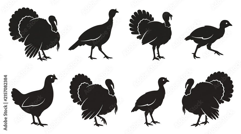 Obraz premium Collection of black turkey silhouettes in various poses isolated on transparent background