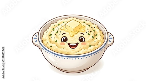 Happy Mashed Potatoes with Butter and Chives Cartoon Illustration Isolated