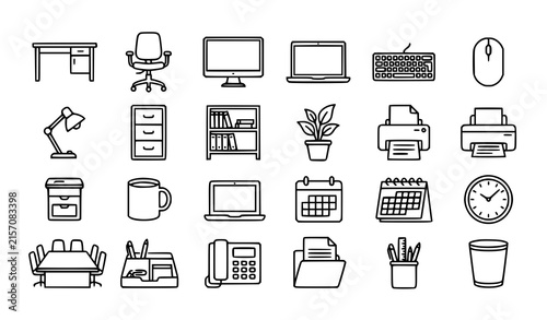 фотографія Office workspace furniture and business equipment line icon set with computer de