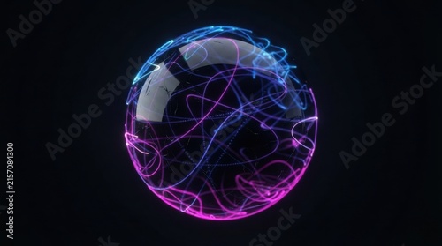 Abstract Glowing Light Sphere with Blue and Purple Plasma Energy, Fractal Wave Patterns, Particles and Electric Glow in Dark Space, Futuristic Science and Technology Illustration