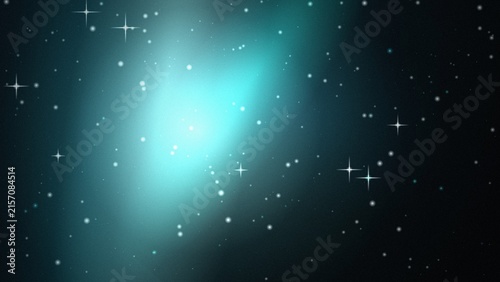 Dark teal and cyan nebula background, with a bright, glowing center and, scattered white stars, with sparkling light, flares in deep space