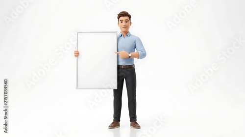 On a white background, a 3D figure points his finger at a blank board.