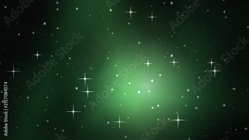 Deep green space background, with a soft, glowing light center, featuring scattered white, stars and sparkling, cross-shaped flares in, the void