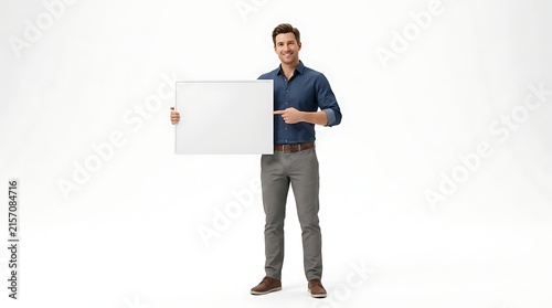 On a white background, a 3D figure points his finger at a blank board.