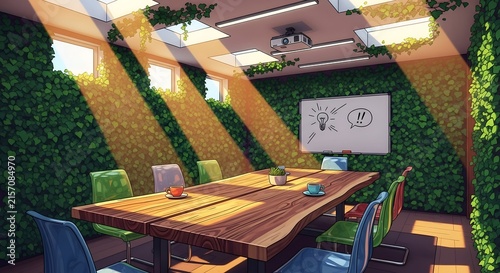 Sustainable meeting room with ivy walls and sunlight