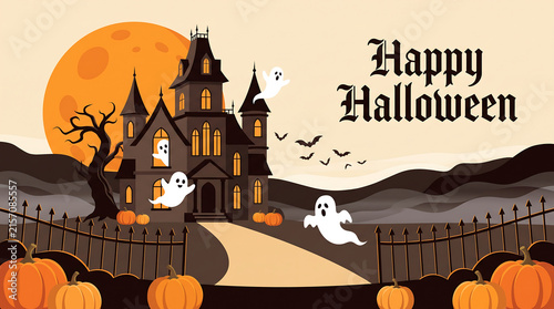 Halloween haunted house party scene with full moon, pumpkins, and flying ghosts at night