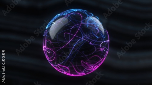 Futuristic Plasma Sphere Glowing with Purple and Blue Energy Lines on Black Background, Abstract Fractal Science and Technology Concept