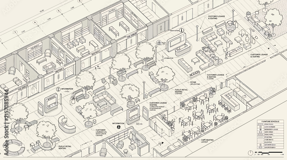 Fototapeta premium Isometric architectural view of a luxury retail boulevard with customer lounge and cafe seating