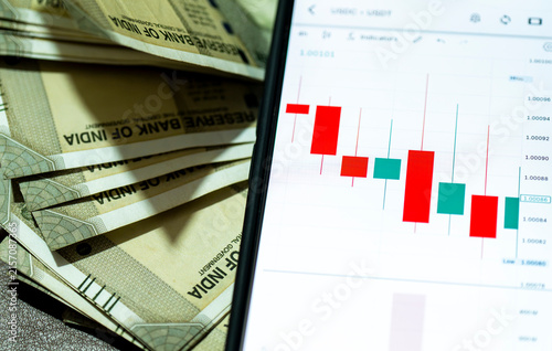 Indian 500 rupees banknotes placed against a stock market chart, symbolising currency, investment, finance and economic growth