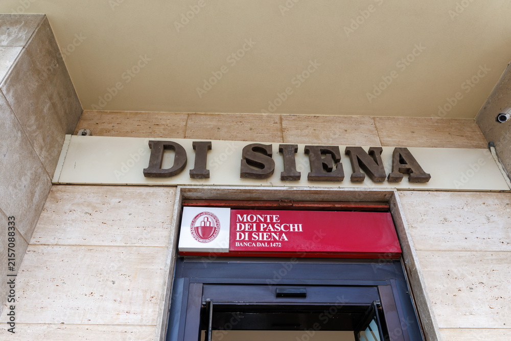 Fototapeta premium Trapani, Italy – June 15, 2026: Monte dei Paschi di Siena bank logo and signage above the entrance to a branch