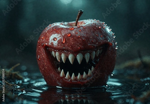 Obraz na płótnie Evil Apple Monster with Sharp Teeth in Dark Water