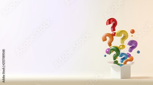 a cluster of colorful 3D question marks emerging from a small white open box at the bottom right, space for adding text, suitable for presentation slides, educational content, and business use