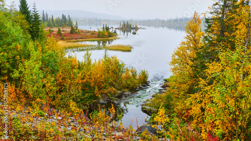 view on lake in nordic autumnally colored landscape 378