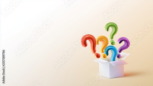 a cluster of colorful 3D question marks emerging from a small white open box at the bottom right, space for adding text, suitable for presentation slides, educational content, and business use