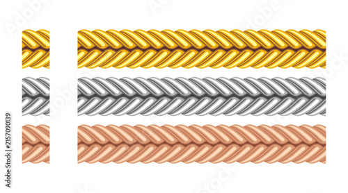 Metallic Braided Frame Border Seamless Pattern Decorative 3d Realistic Vector Illustration Set
