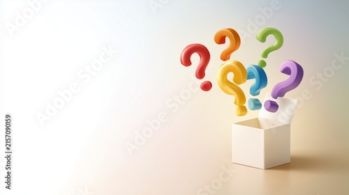 a cluster of colorful 3D question marks emerging from a small white open box at the bottom right, space for adding text, suitable for presentation slides, educational content, and business use