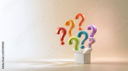 a cluster of colorful 3D question marks emerging from a small white open box at the bottom right, space for adding text, suitable for presentation slides, educational content, and business use