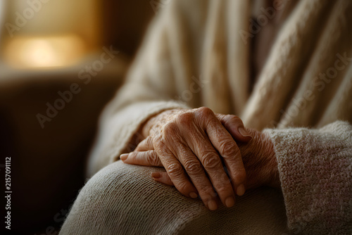 Close up of an elderly person's wrinkled hands resting folded on the lap in warm indoor light, aging and care concept