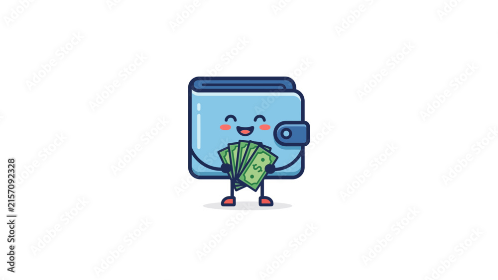 Fototapeta premium Cute blue wallet mascot character holding cash money bills.