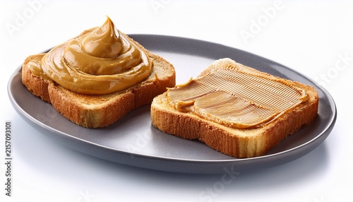 two peanut butter on toasts with saucer isolated backgrounon white background