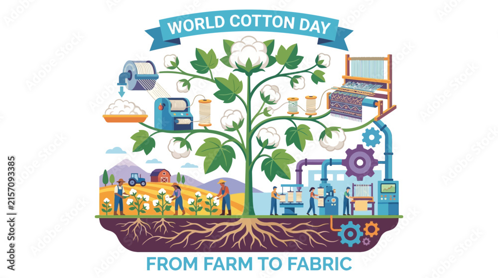 Fototapeta premium Cotton Farming to Fabric Production Process