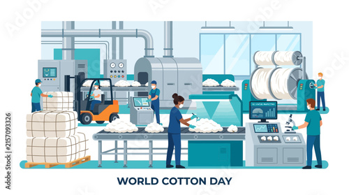 Modern Cotton Factory Interior with Workers and Machinery