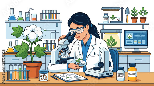 Scientist examining cotton plant in laboratory
