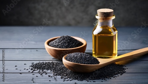 black cumin oil in glass bottle and seeds in bowl and in spoon on table
