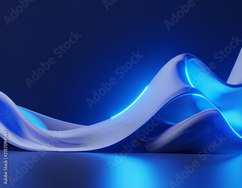 3d rendering abstract geometric background blue neon light on the edge of the flat curvy ribbons aesthetic minimalist wallpaper