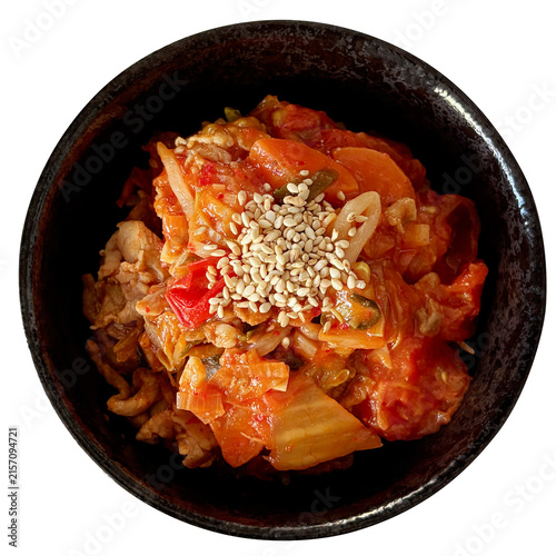 Obraz na płótnie トマト豚キムチ丼 自家製手作りの切り抜き スタミナ丼ご飯もの食材素材