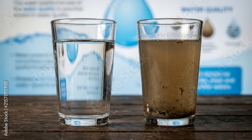Side by side comparison of clear clean water and dirty contaminated water glasses