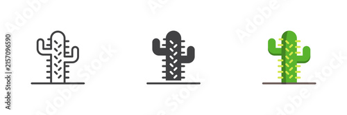 Saguaro cactus line solid flat colorful icon set