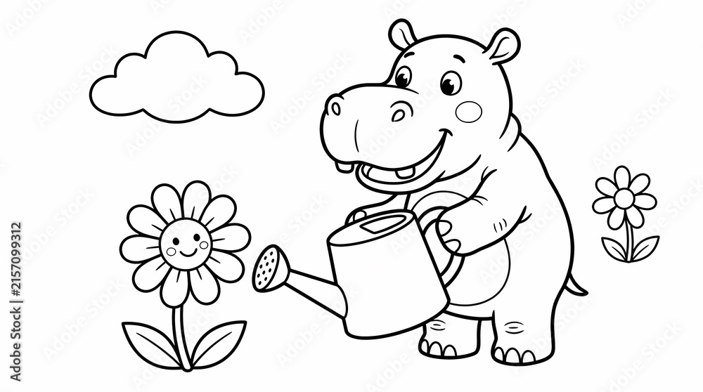 Fototapeta premium Cute cartoon hippopotamus watering a smiling flower in a garden, black and white coloring page for kids