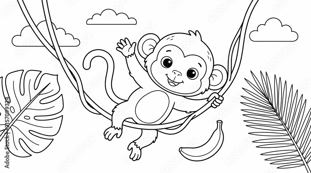 Fototapeta premium Cute cartoon monkey swinging on jungle vines coloring page for kids.