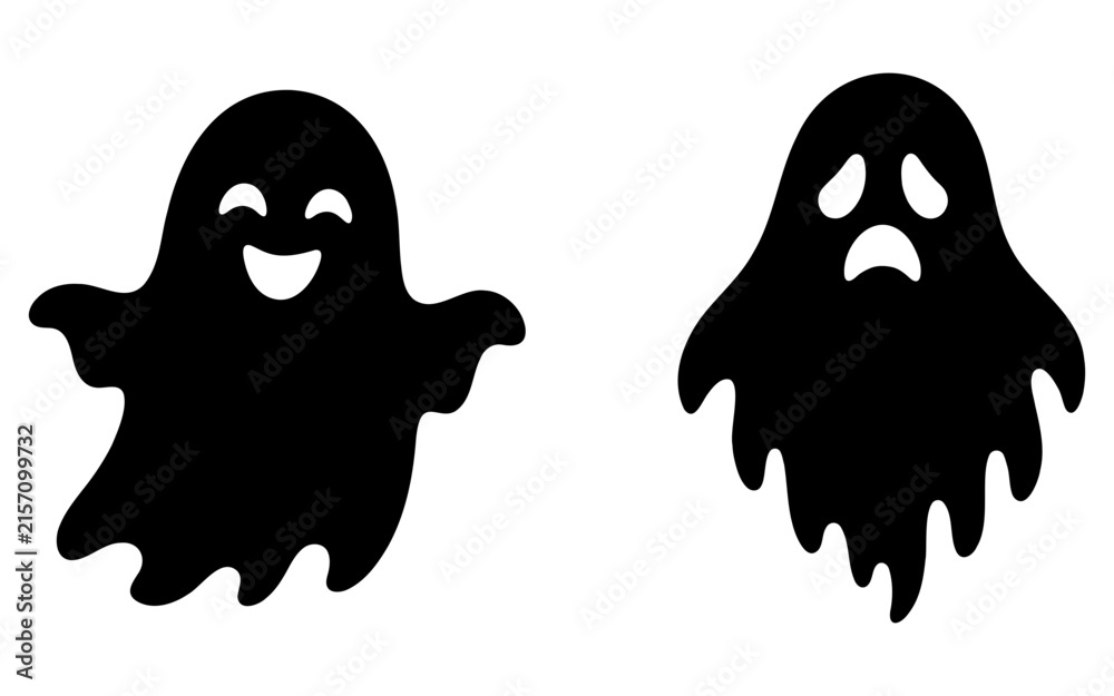 Obraz premium Smiling and Sad Ghost Silhouette Vector, Cute vs Gloomy Halloween Spirit Set