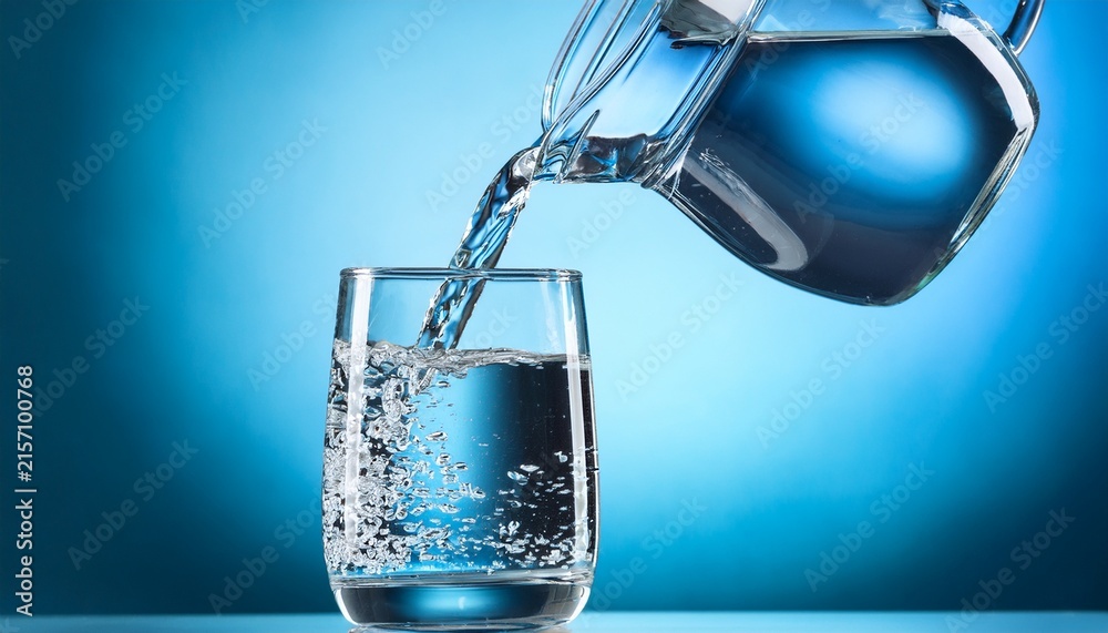 Fototapeta premium water poured from jug into glass on a blue background