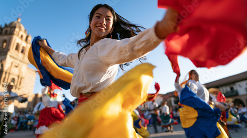 Vibrant Peruvian Traditional Dancers Celebrating During The Festive Dia de La Raza Street Event