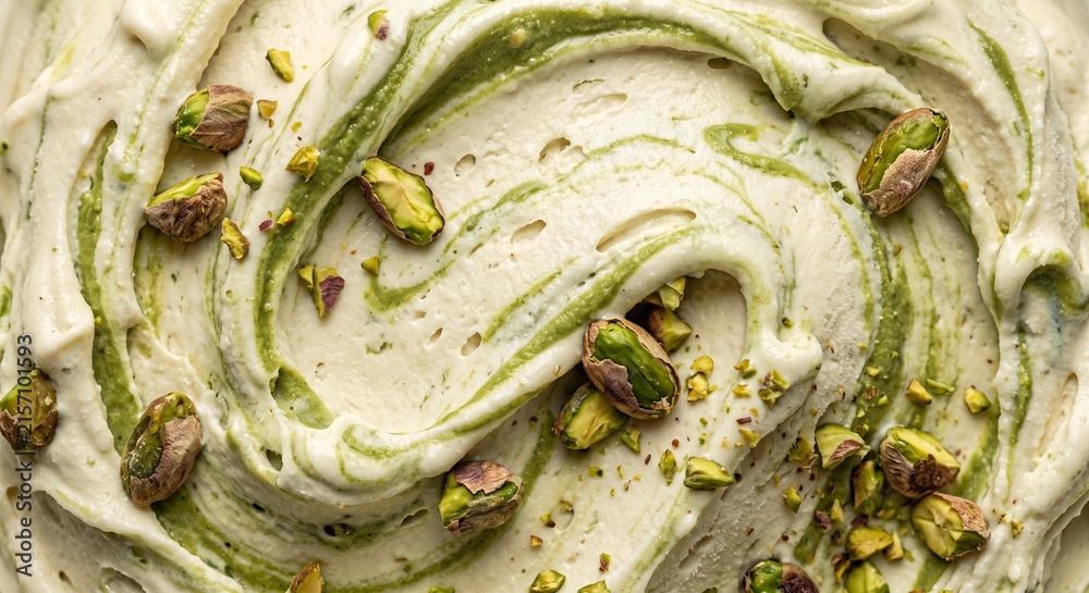 Obraz premium Delicious Refreshing Creamy Vanilla Pistachio Gelato Ice Cream Macro Texture Close up with Rich Swirls