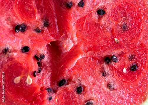 Extreme Close-Up Texture of Juicy Red Watermelon Flesh with Seeds
