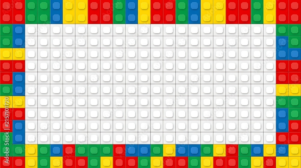 Fototapeta premium Empty white LEGO baseplate grid surrounded by colorful plastic bricks for creative building and design projects