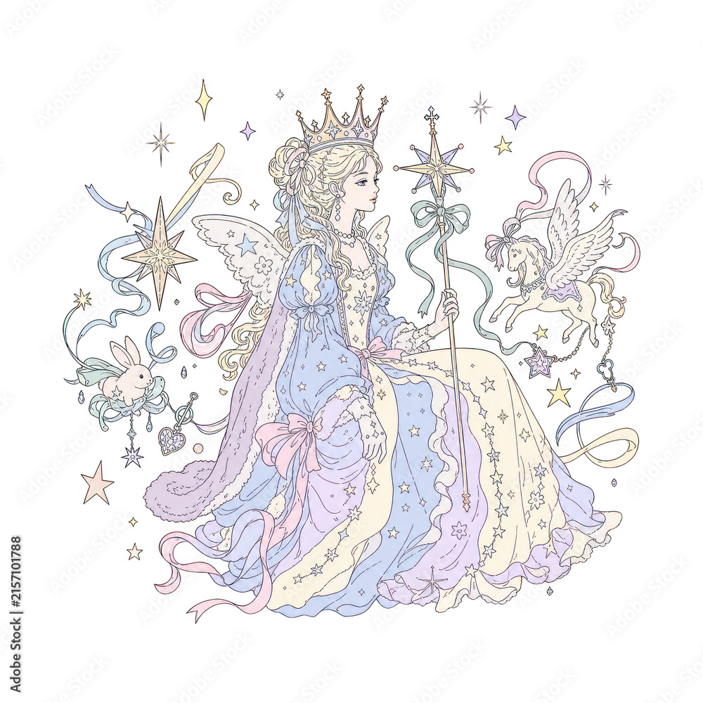 Fototapeta premium Fantasy princess with crown and wand, surrounded by stars and creatures. PNG, transparent background.