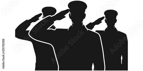 Black and white silhouette of three military soldiers in uniform performing a formal salute, standing in a row against a plain white background