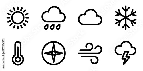 Foto Set of weather line icons featuring sun cloud rain snowflake thermometer wind co