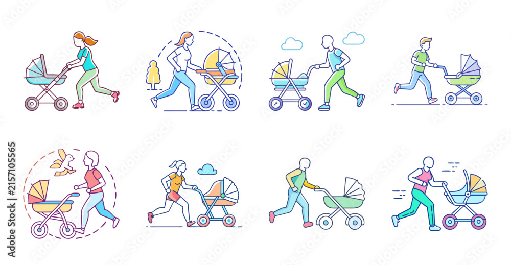 Fototapeta premium Colorful family icons with strollers and bikes - Bright, cheerful vector icons of a diverse family riding bikes and pushing strollers together.