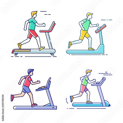 Four people exercising on treadmills - Colorful vector illustration of four individuals in dynamic workout poses on treadmills, cheerful and energetic.