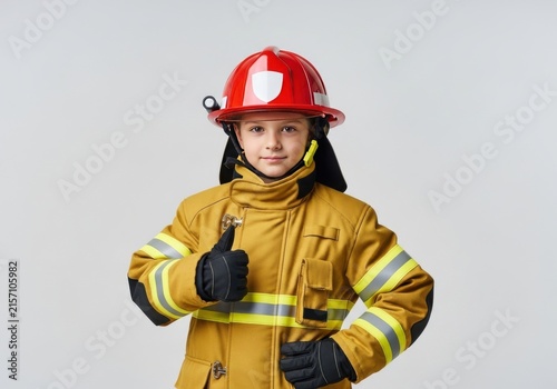 A young girl wearing a firefighter costume and helmet smiling and giving a thumbsup