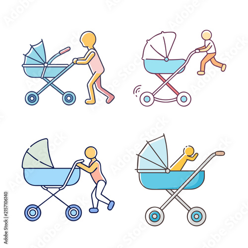 Happy family with baby strollers illustration - Bright and cheerful vector illustration of a family pushing baby strollers, showing joyful parenting moments.
