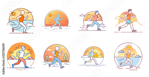 Cartoon people carrying colorful umbrellas in rain - Illustrated icons of cheerful people holding various bright umbrellas walking in light rain.